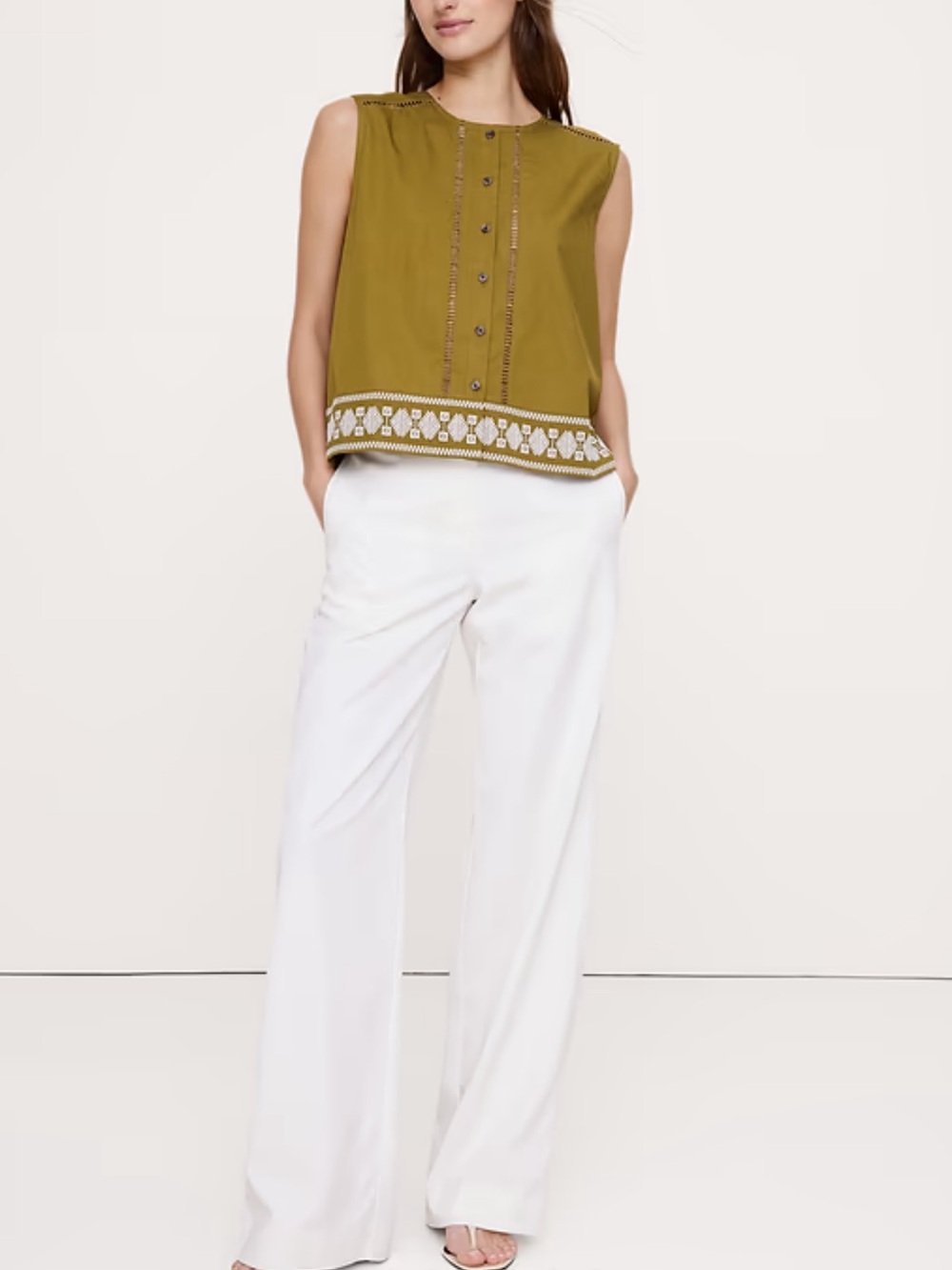 Banana Republic Olive Green Embroidered Sleeveless Button-Front Top